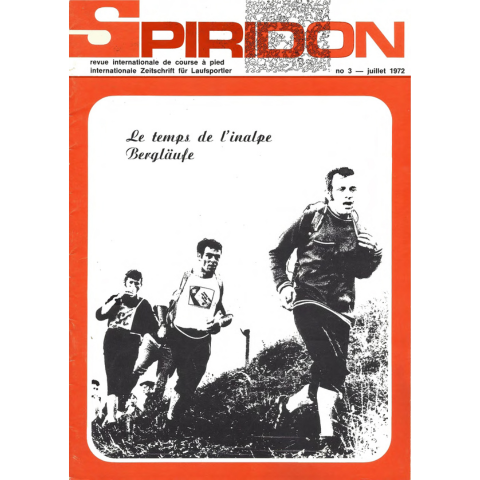 Couverture de la revue Spiridon n°3, juillet 1972 – coureurs en pleine montagne dans l’esprit des courses alpines (Bergläufe). Un hommage au trail authentique, à la course libre en nature et aux débuts du mouvement Spiridon.