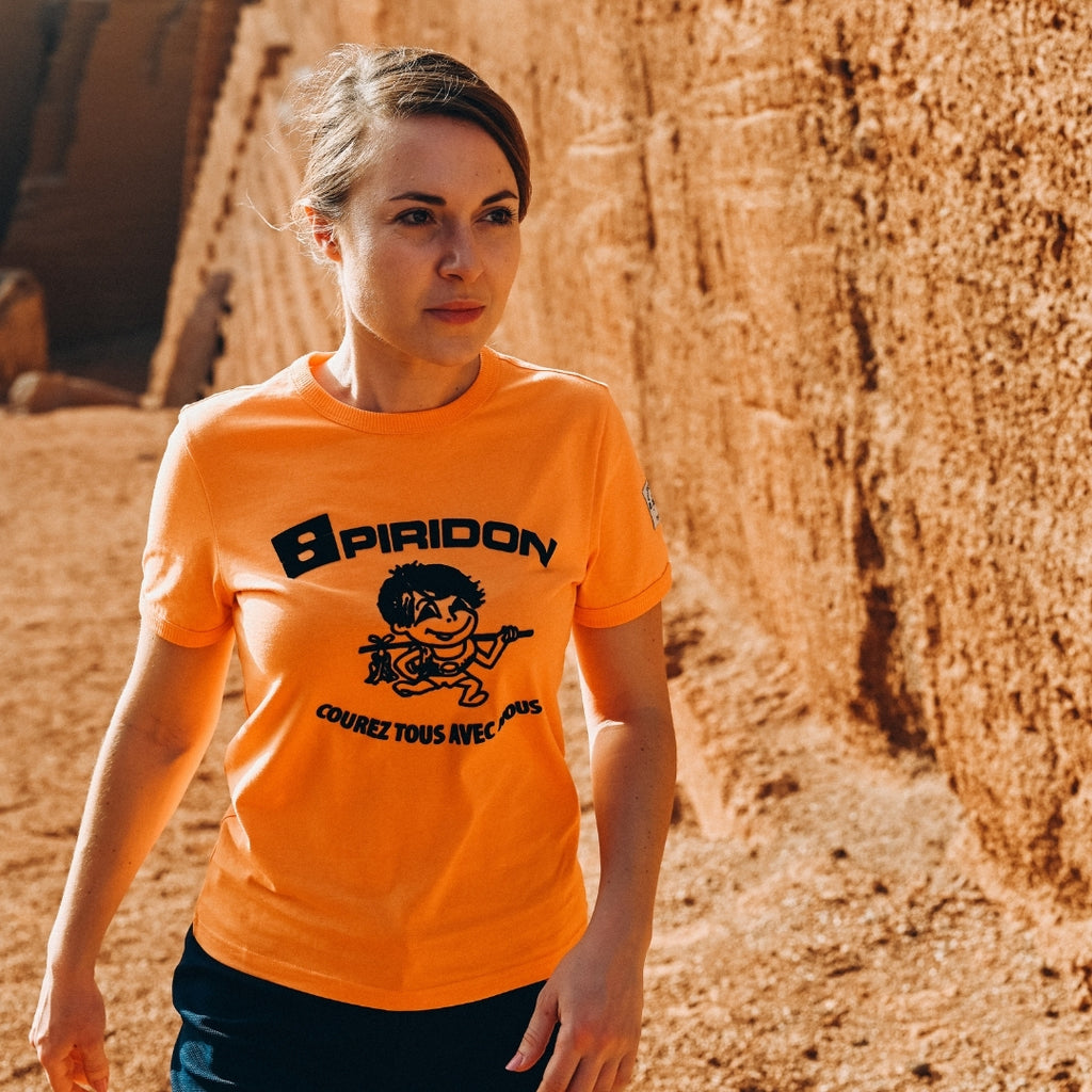 Spiridon t-shirt coton bio orange vintage petit bonhomme historique femme (3)