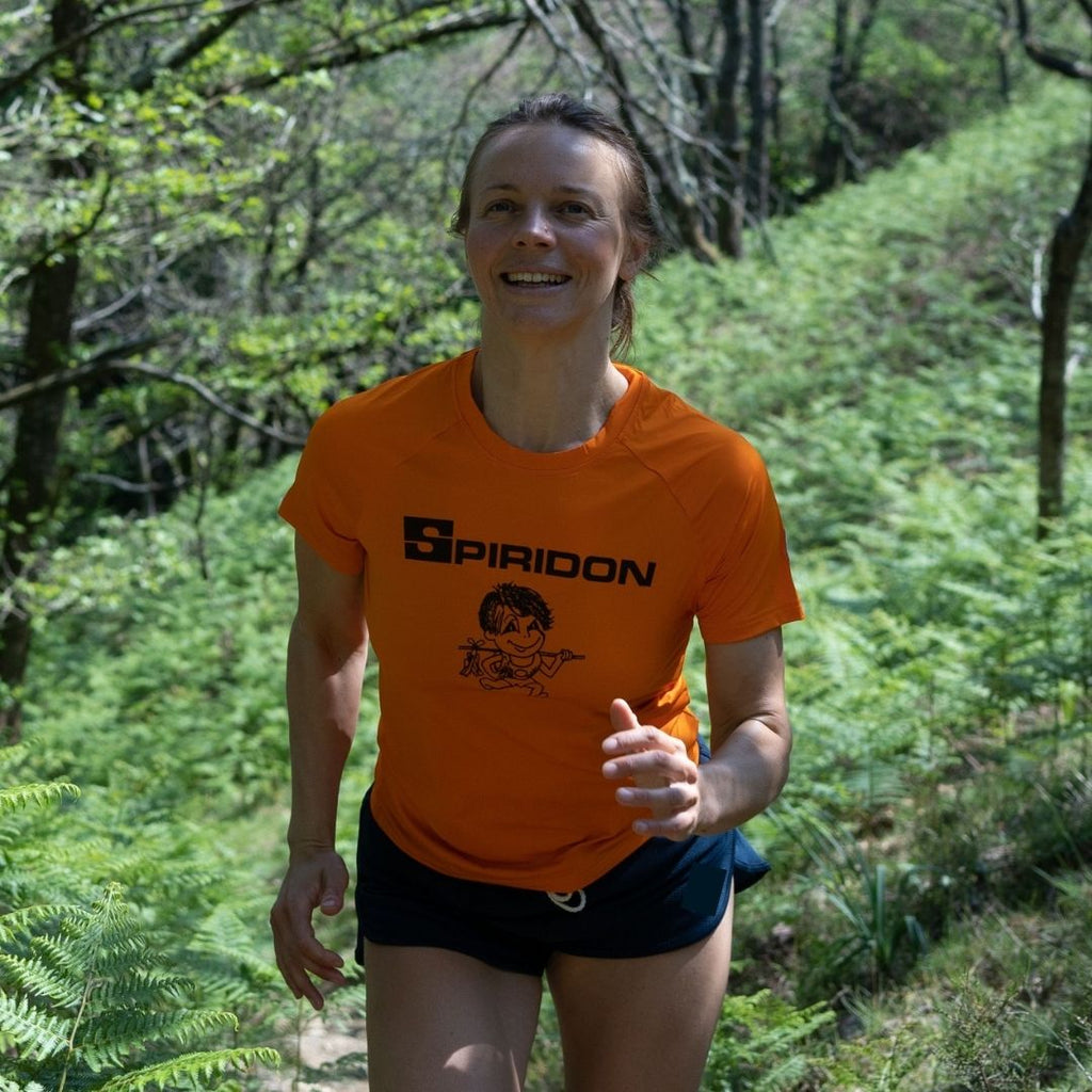 Spiridon Free To Run t-shirt recyclé orange for running Fil labellisé Newlife™, Oeko-Tex® et Global Recycle standard trail marathon femme